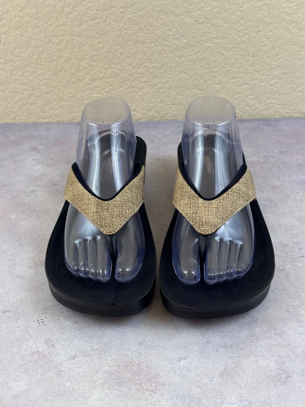 Aerothotic Women's Gold-Light Brown Synthetic Wedge Thong Sandals Slip On Sz 40